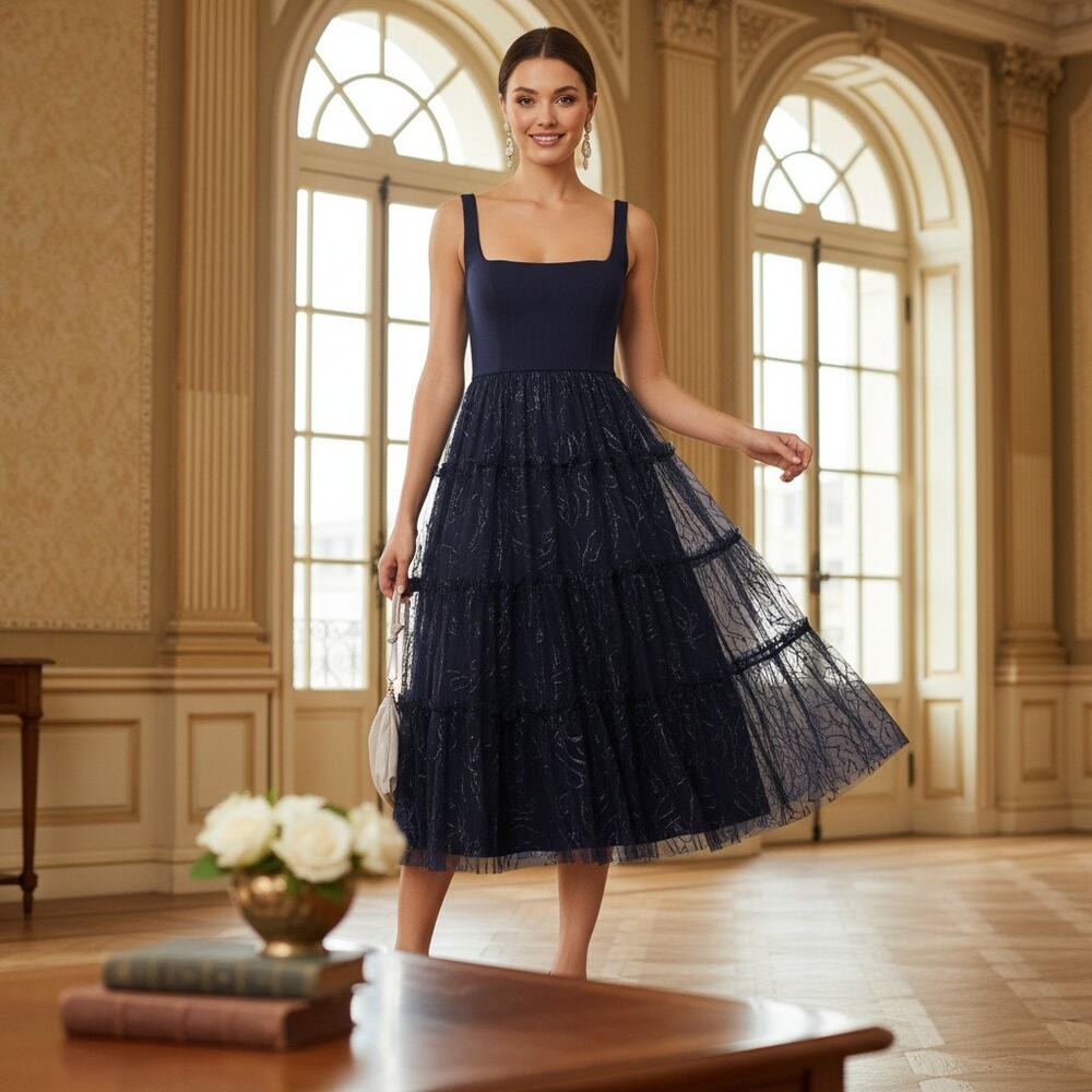Adrianna Papell Navy Lace Tiered Dress Size 8 NWT Square‑Neck Midi